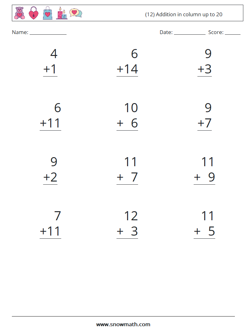 (12) Addition in column up to 20 Maths Worksheets 1