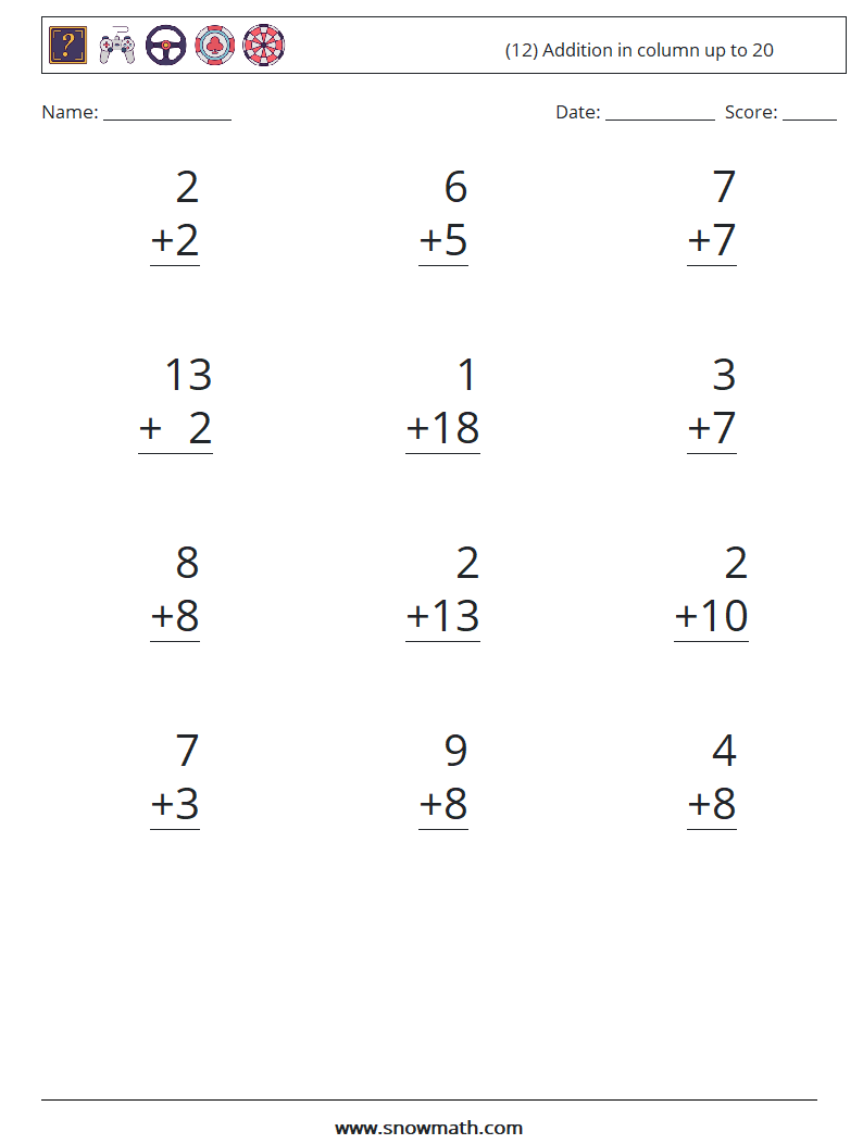 (12) Addition in column up to 20 Math Worksheets 10