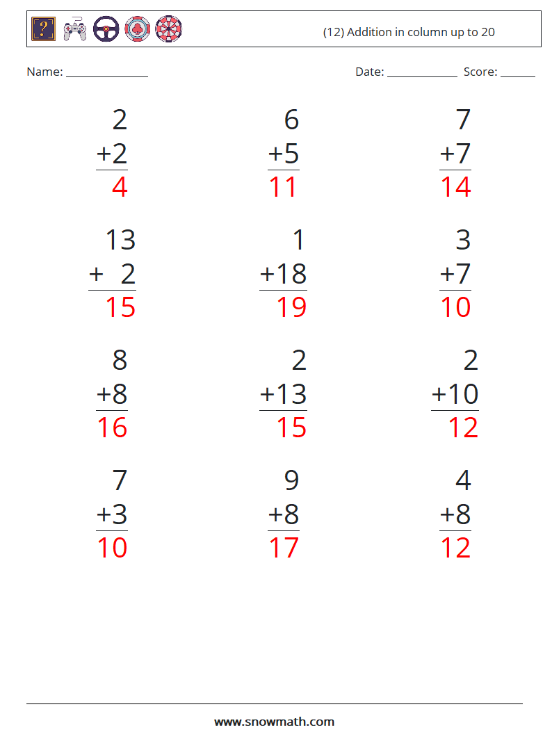 (12) Addition in column up to 20 Math Worksheets 10 Question, Answer