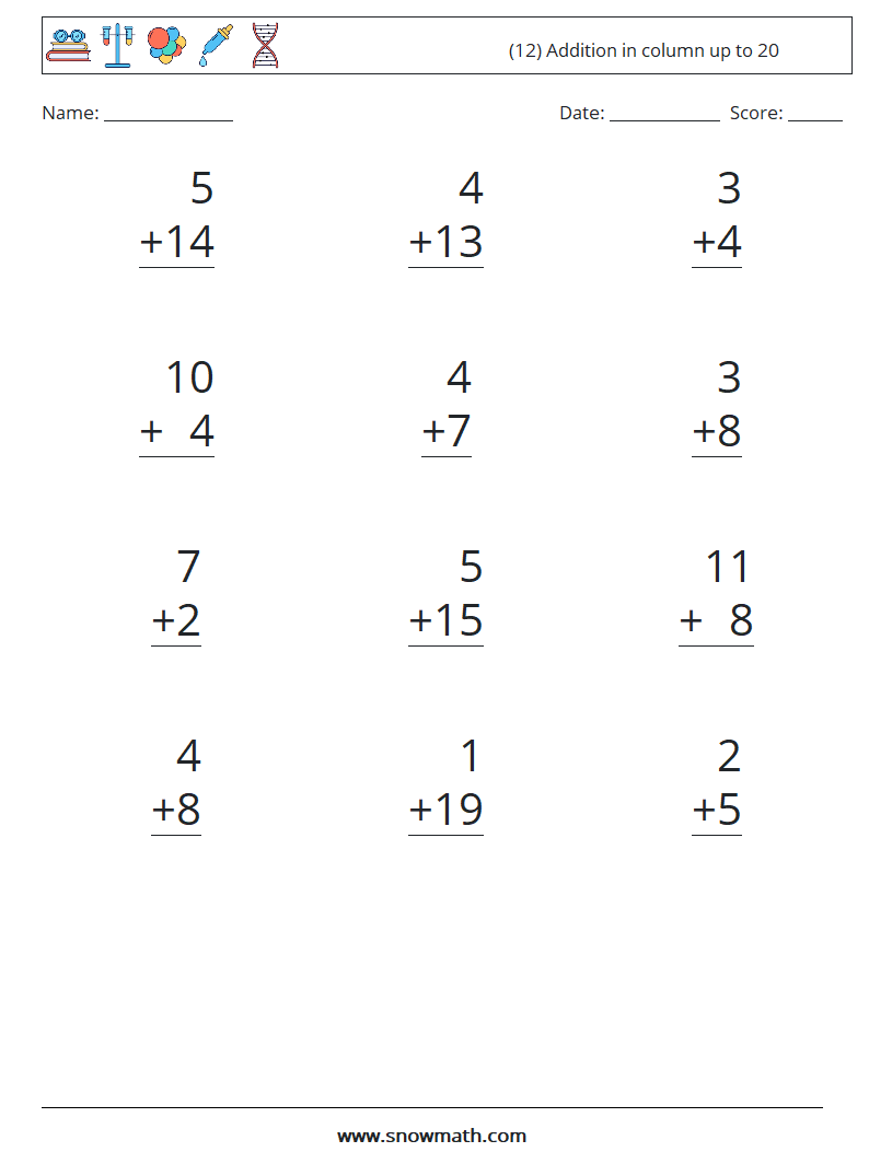 (12) Addition in column up to 20 Math Worksheets 11