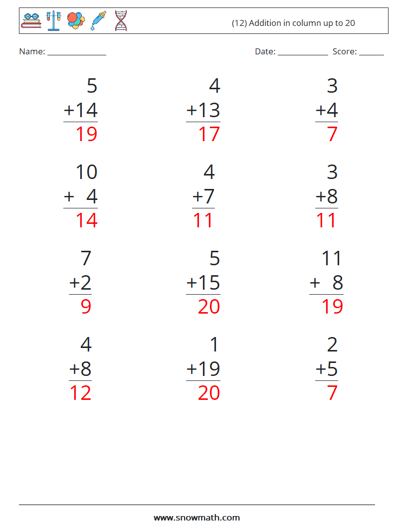 (12) Addition in column up to 20 Math Worksheets 11 Question, Answer