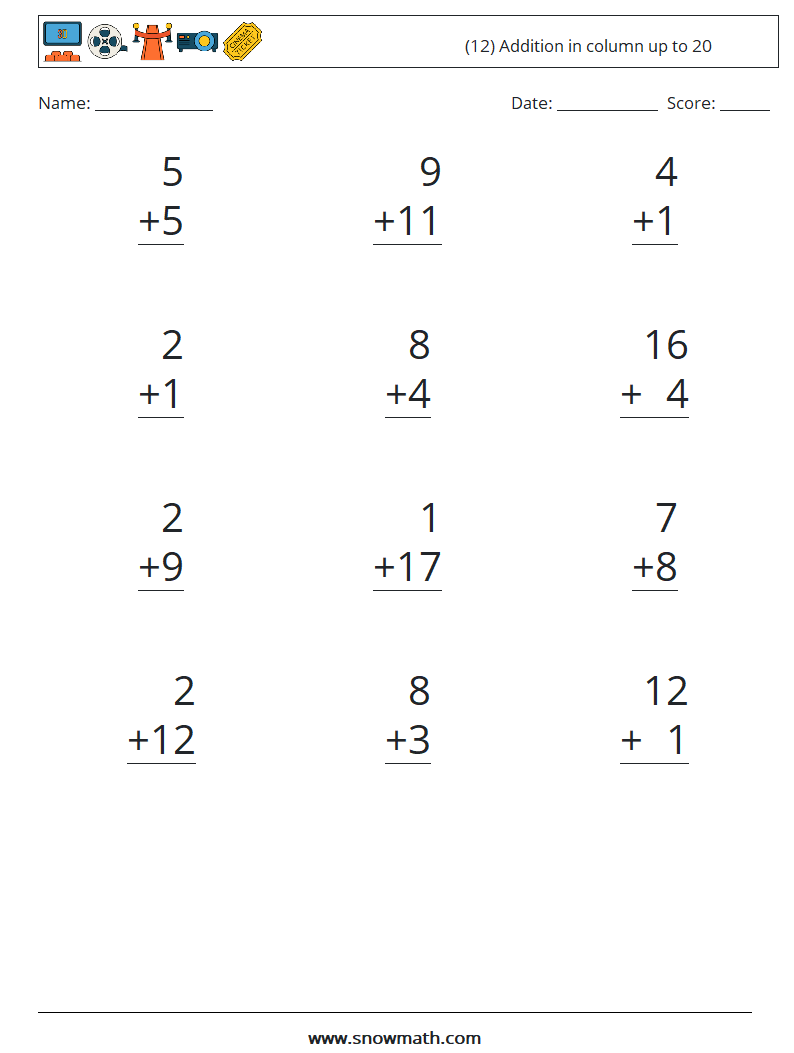 (12) Addition in column up to 20 Math Worksheets 12