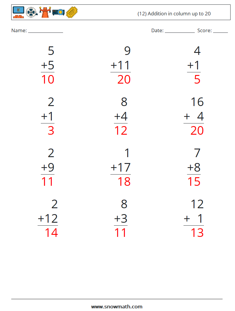 (12) Addition in column up to 20 Math Worksheets 12 Question, Answer