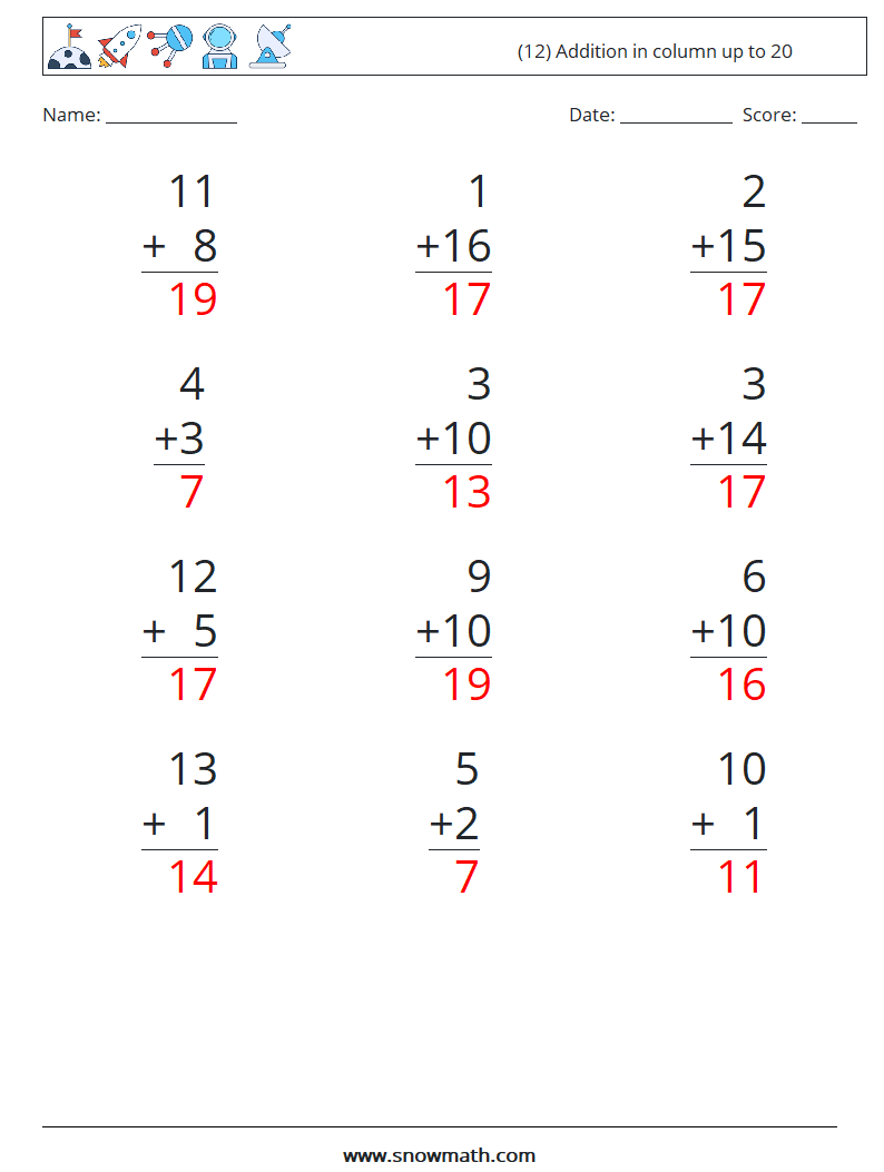 (12) Addition in column up to 20 Math Worksheets 13 Question, Answer