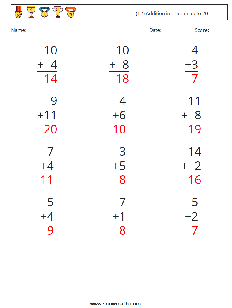 (12) Addition in column up to 20 Math Worksheets 14 Question, Answer