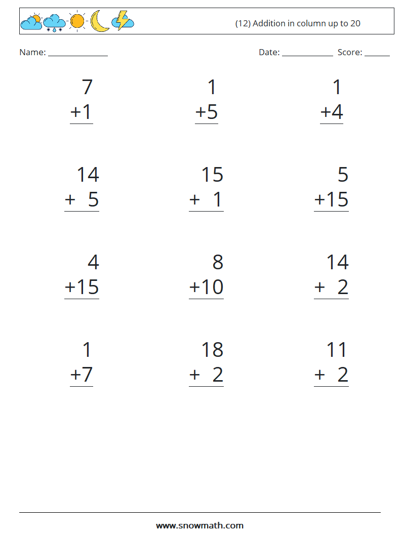 (12) Addition in column up to 20 Maths Worksheets 15