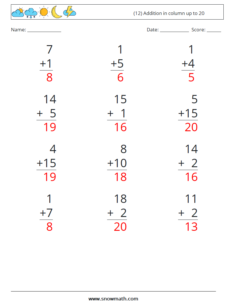 (12) Addition in column up to 20 Math Worksheets 15 Question, Answer