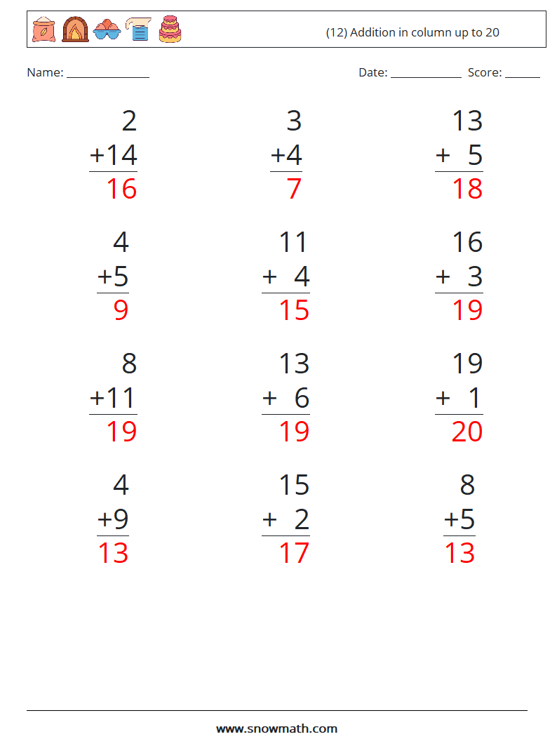 (12) Addition in column up to 20 Math Worksheets 17 Question, Answer