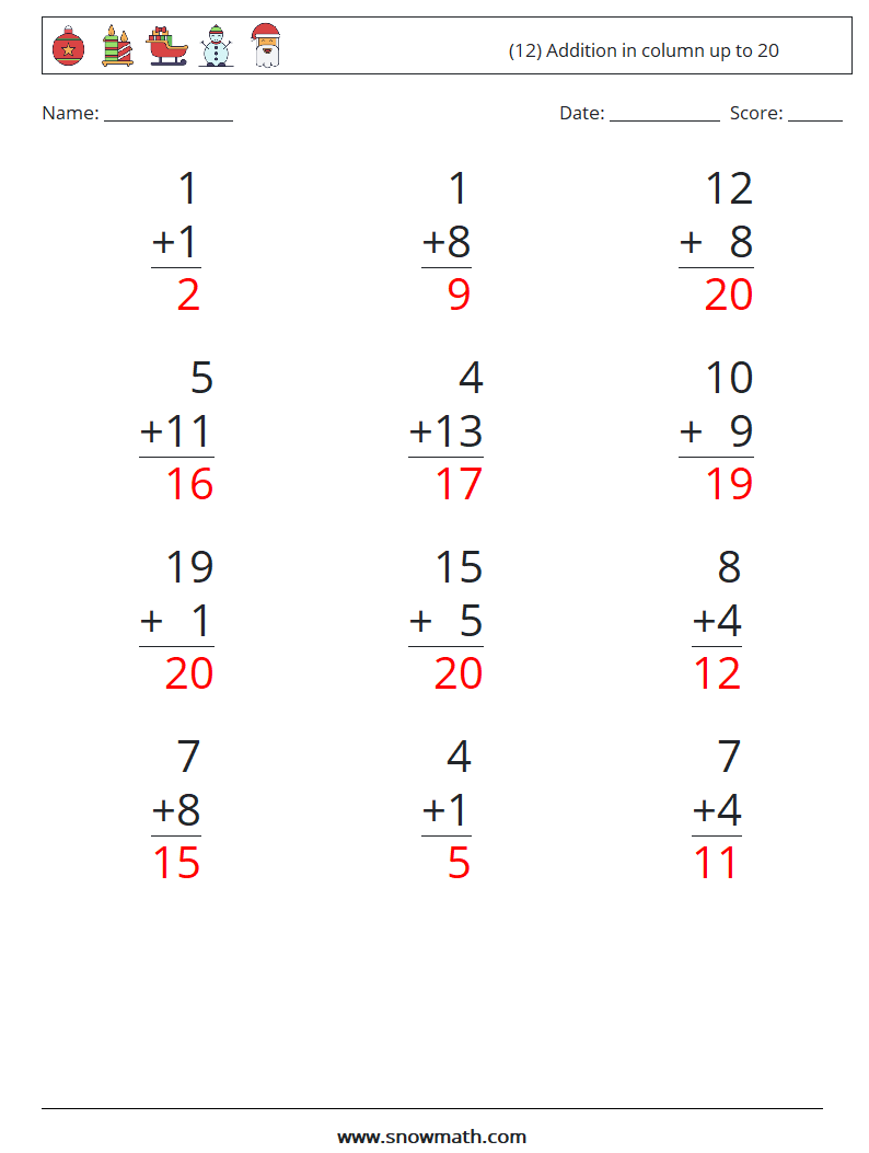 (12) Addition in column up to 20 Math Worksheets 18 Question, Answer
