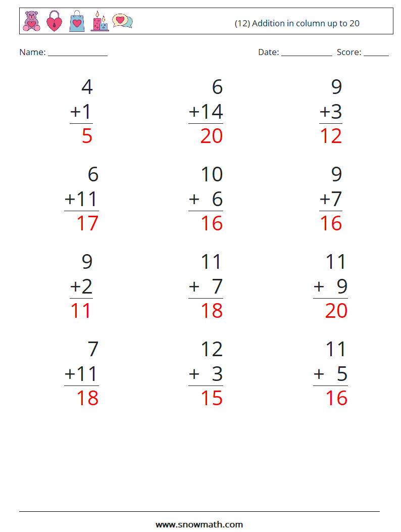 (12) Addition in column up to 20 Math Worksheets 1 Question, Answer