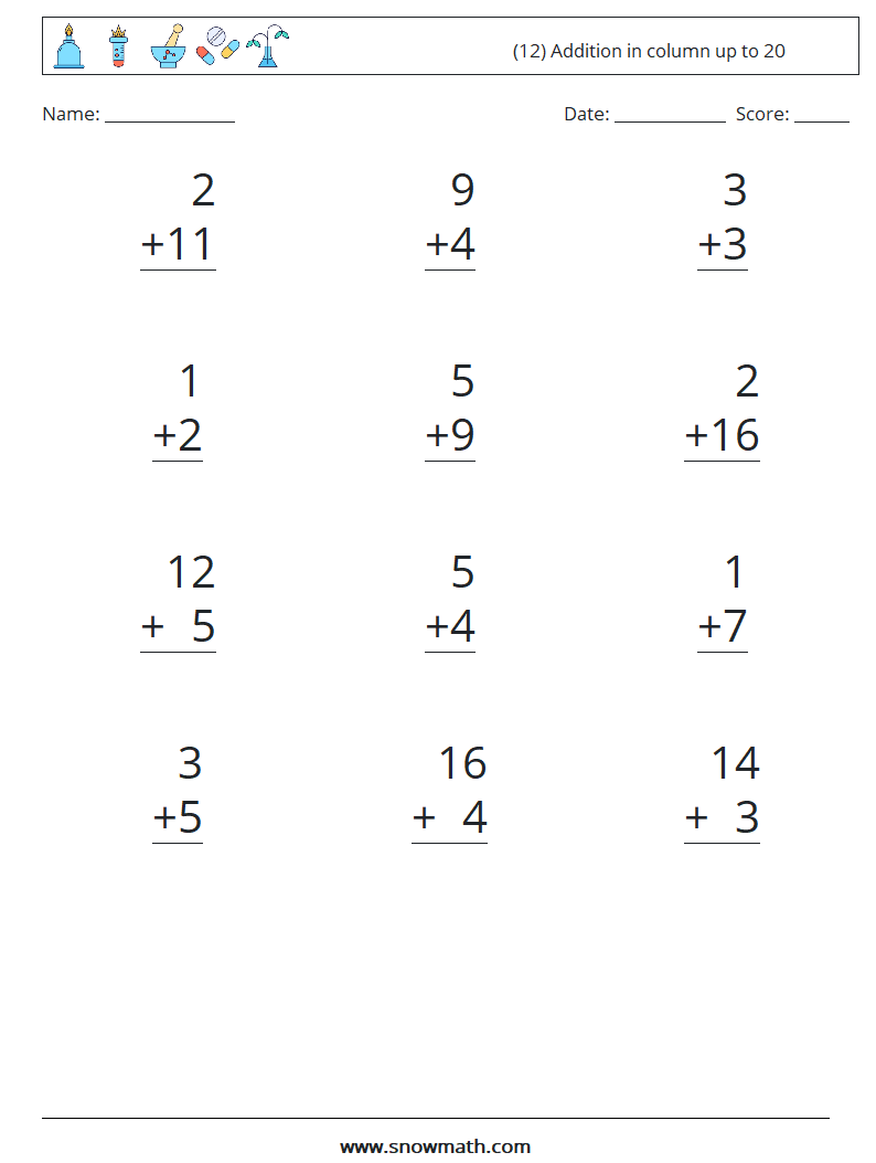 (12) Addition in column up to 20 Math Worksheets 2