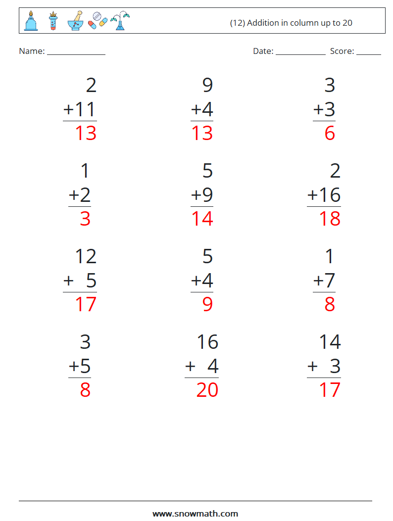 (12) Addition in column up to 20 Math Worksheets 2 Question, Answer