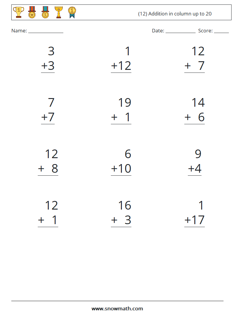 (12) Addition in column up to 20 Math Worksheets 3