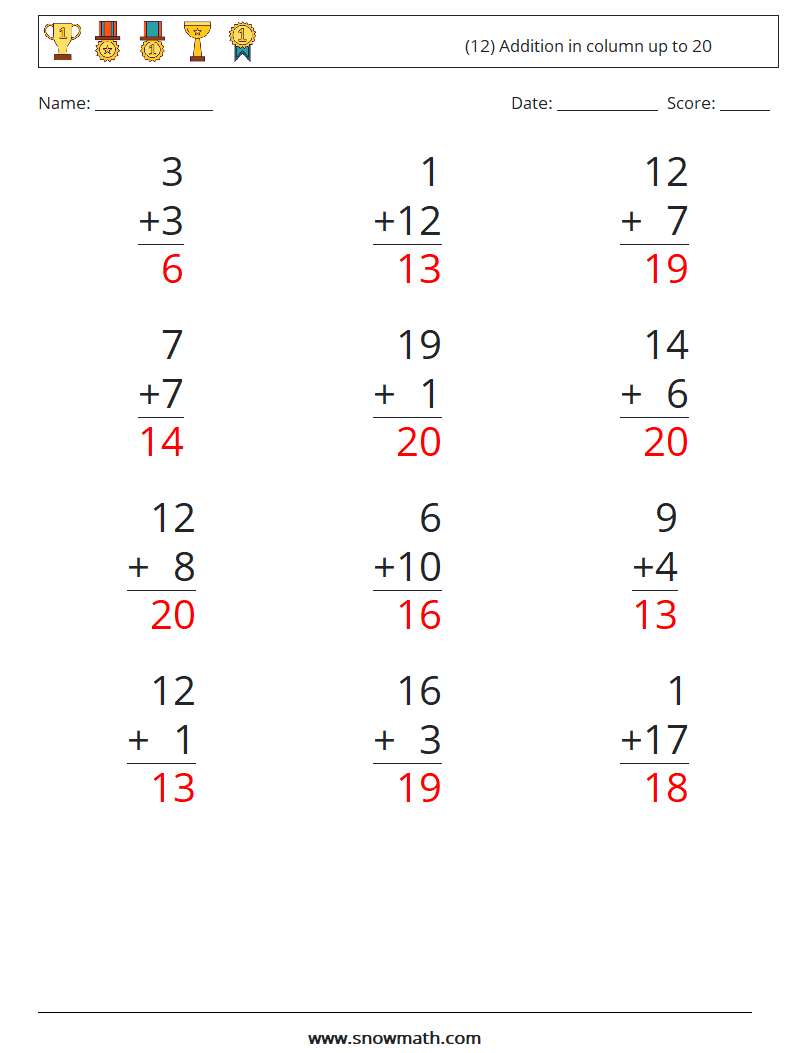 (12) Addition in column up to 20 Math Worksheets 3 Question, Answer