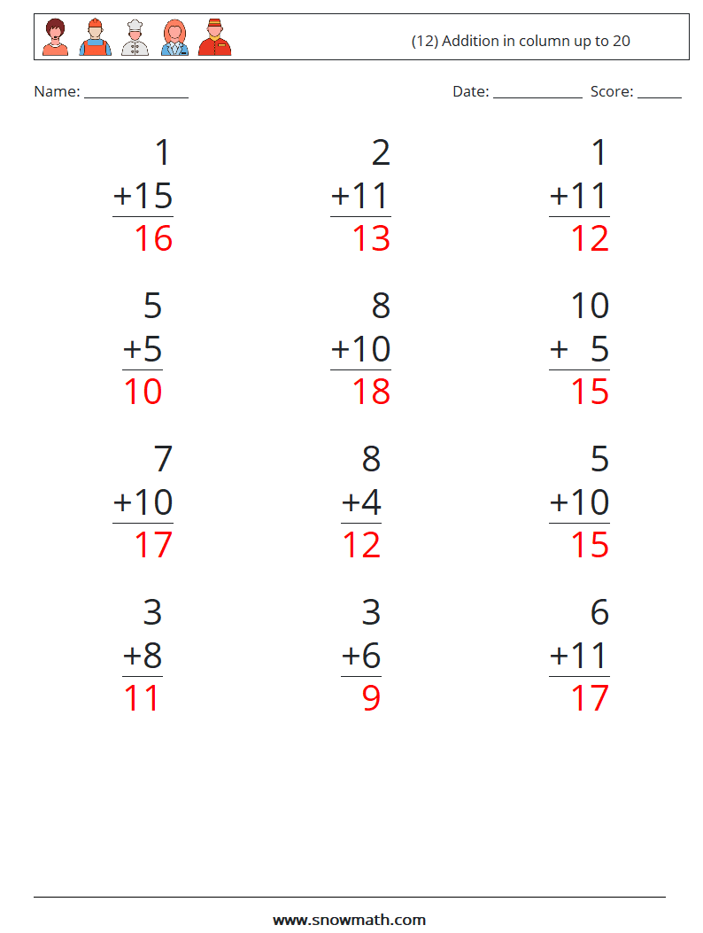 (12) Addition in column up to 20 Math Worksheets 4 Question, Answer