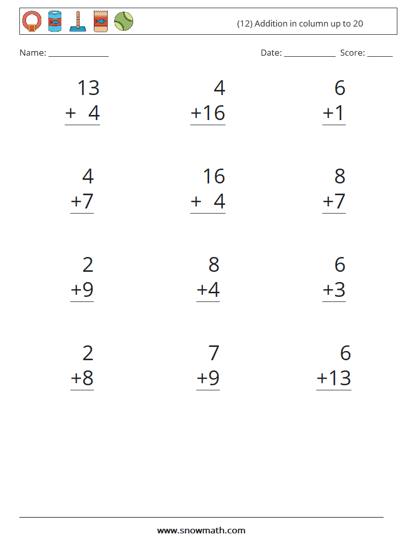 (12) Addition in column up to 20 Maths Worksheets 5