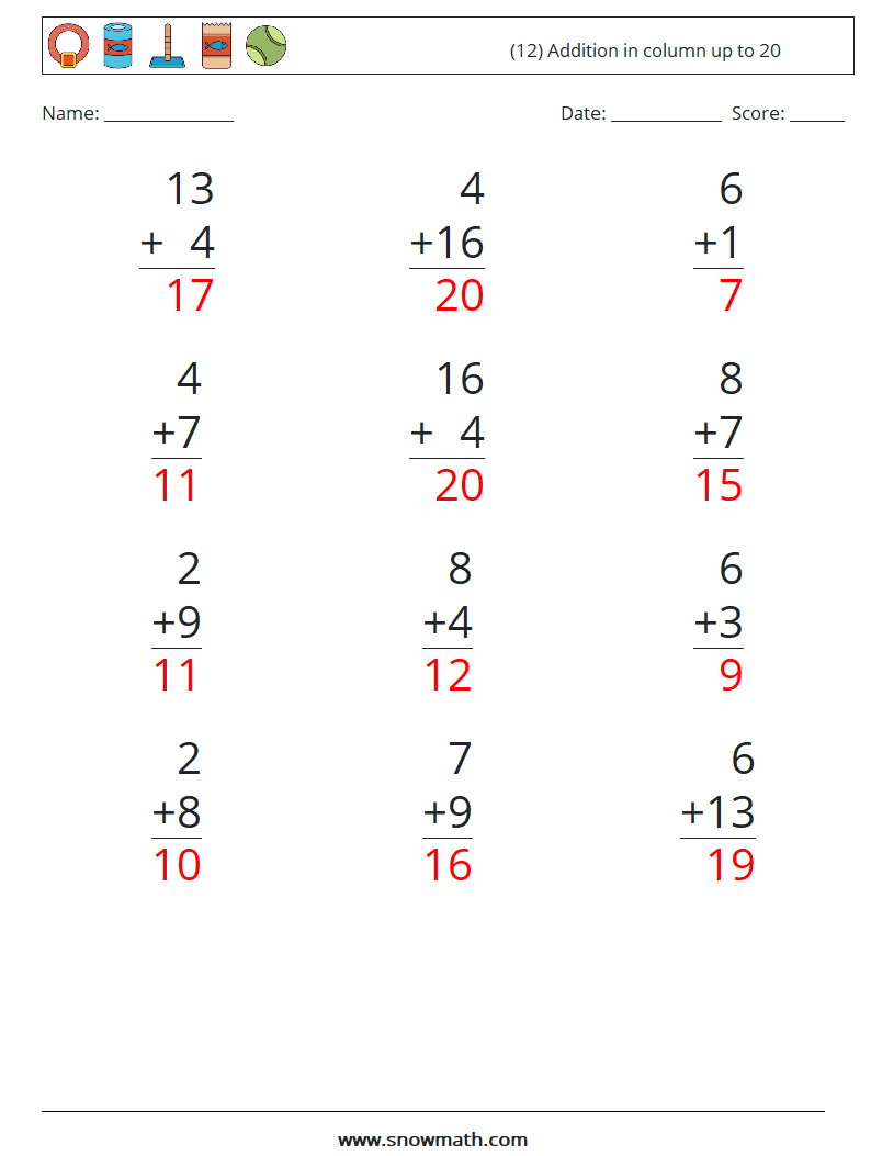 (12) Addition in column up to 20 Math Worksheets 5 Question, Answer