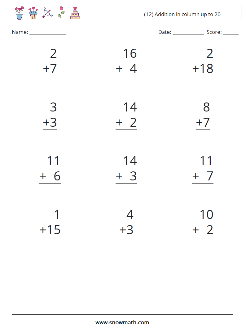 (12) Addition in column up to 20 Math Worksheets 6