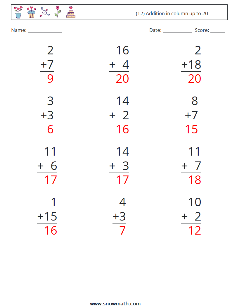 (12) Addition in column up to 20 Math Worksheets 6 Question, Answer