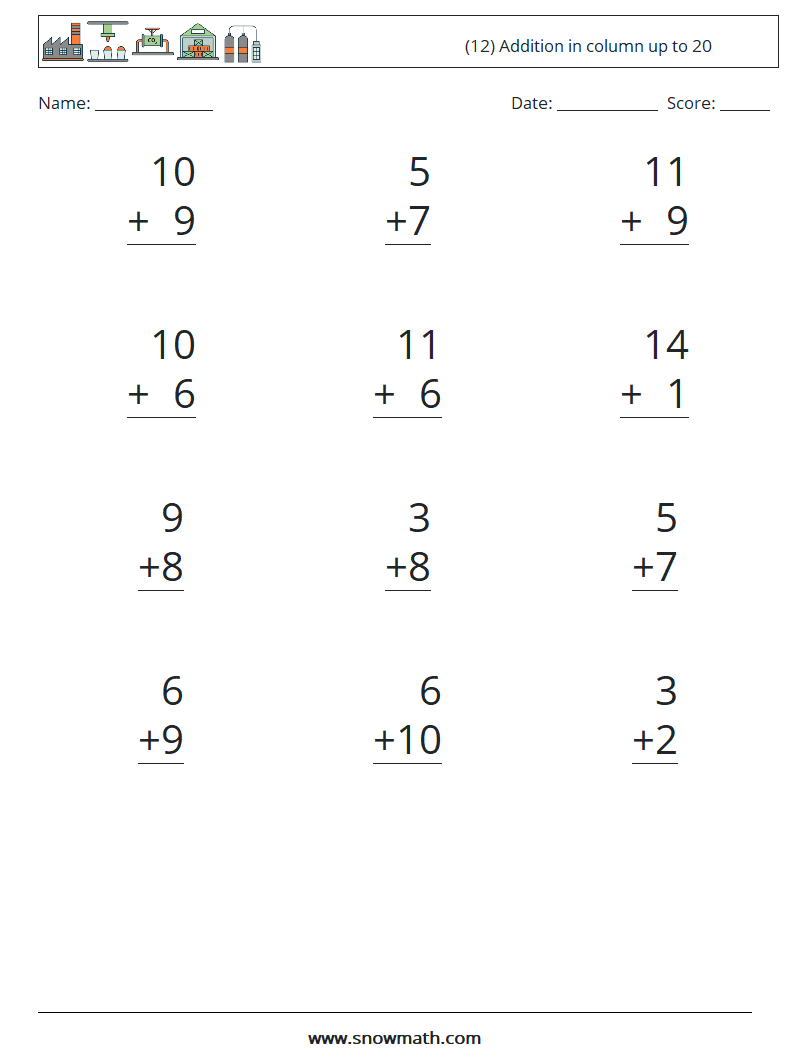 (12) Addition in column up to 20 Maths Worksheets 7