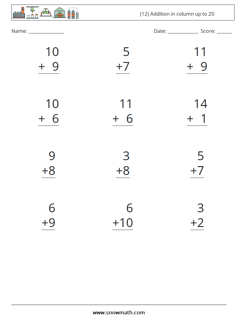 (12) Addition in column up to 20 Math Worksheets 7