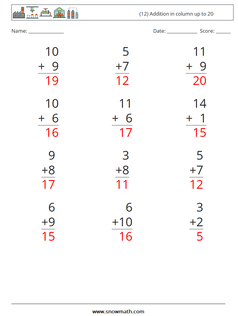 (12) Addition in column up to 20 Math Worksheets 7 Question, Answer