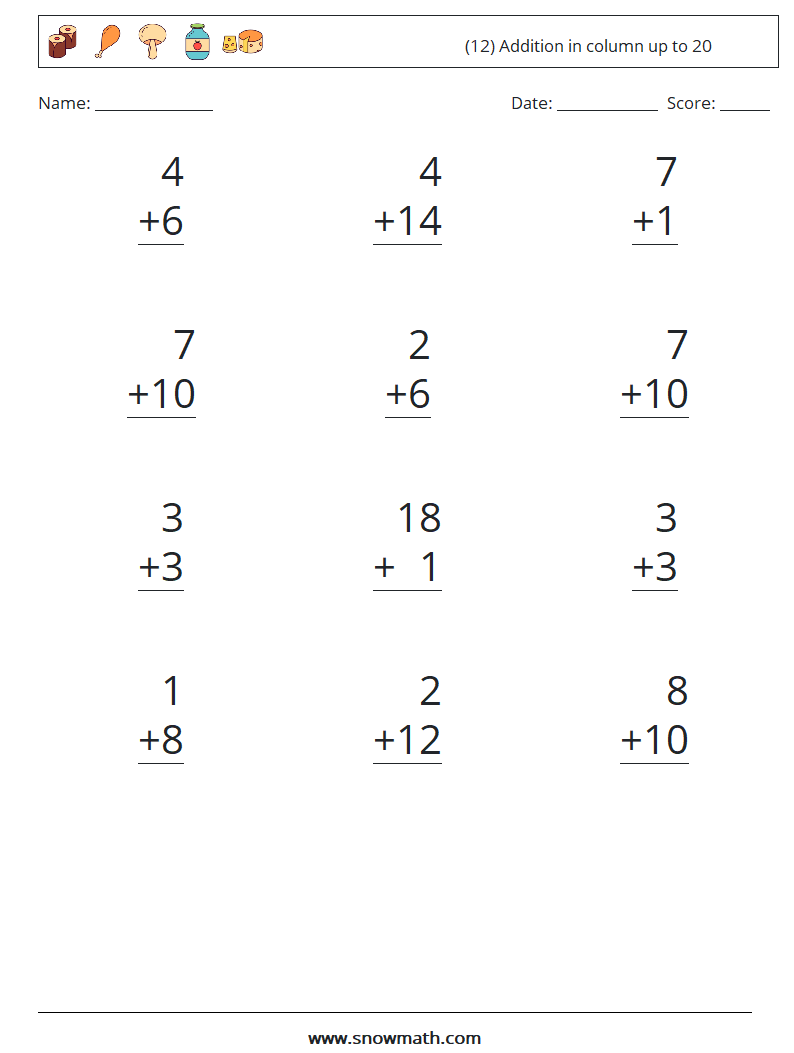 (12) Addition in column up to 20 Math Worksheets 8