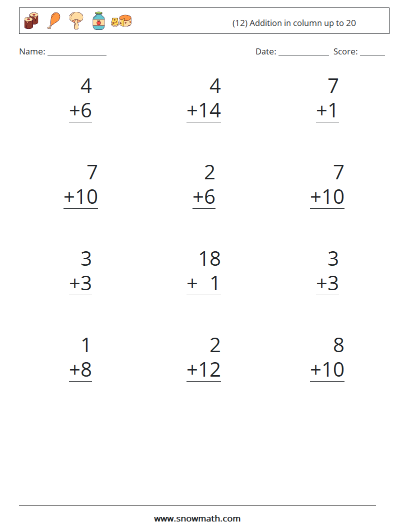 (12) Addition in column up to 20 Maths Worksheets 8