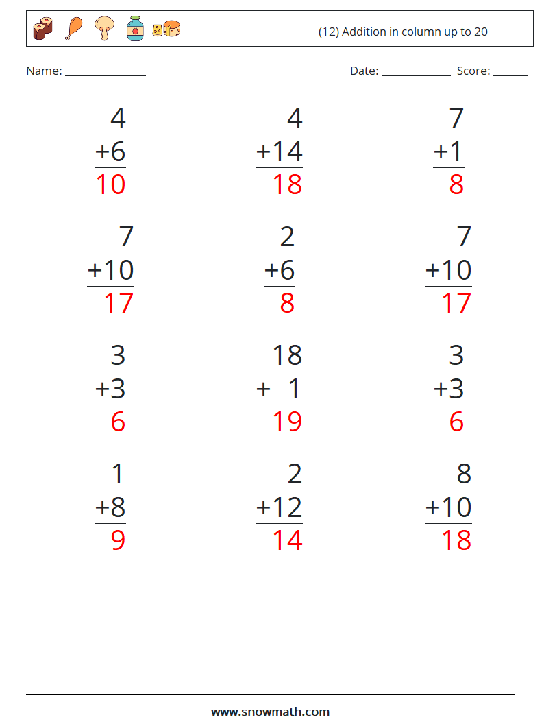 (12) Addition in column up to 20 Math Worksheets 8 Question, Answer