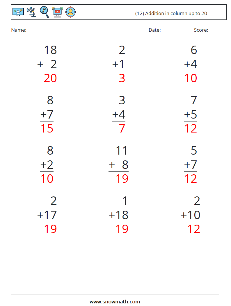 (12) Addition in column up to 20 Math Worksheets 9 Question, Answer