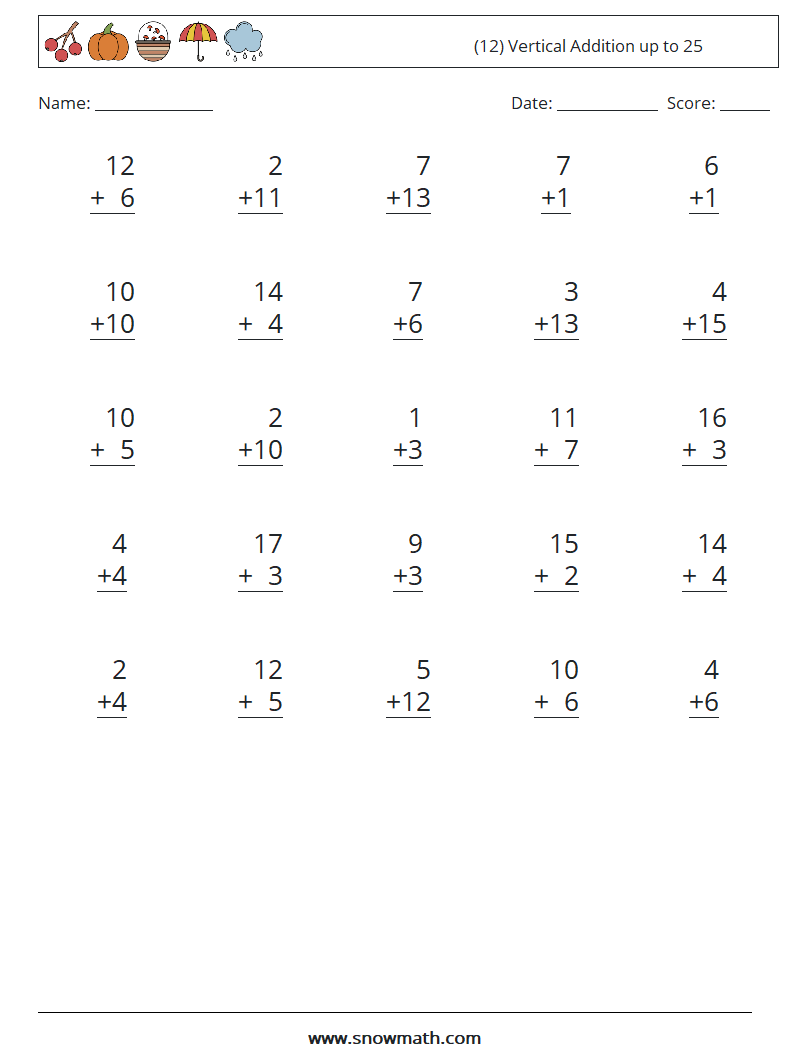 (12) Vertical Addition up to 25