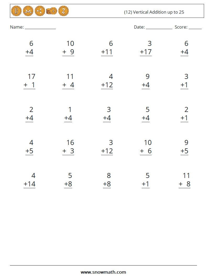 (12) Vertical Addition up to 25 Maths Worksheets 10