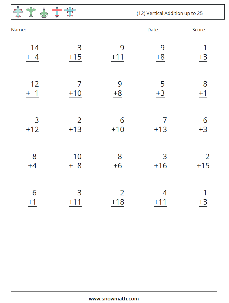 (12) Vertical Addition up to 25 Maths Worksheets 13