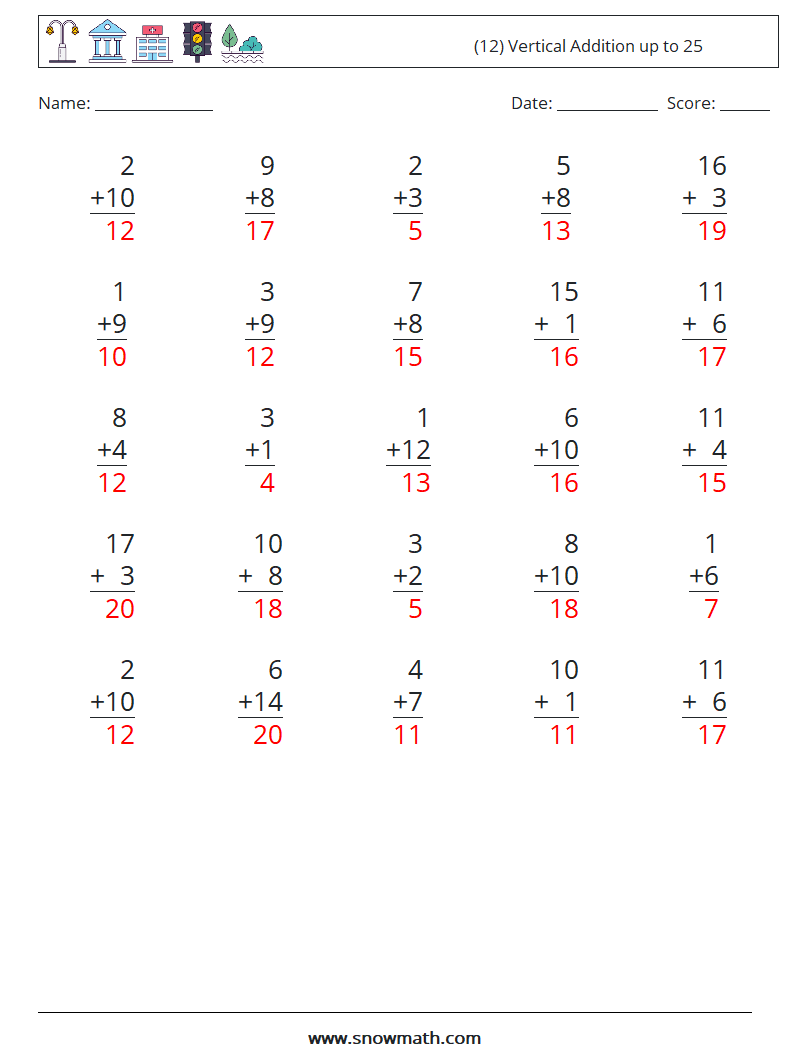 (12) Vertical Addition up to 25 Math Worksheets 15 Question, Answer