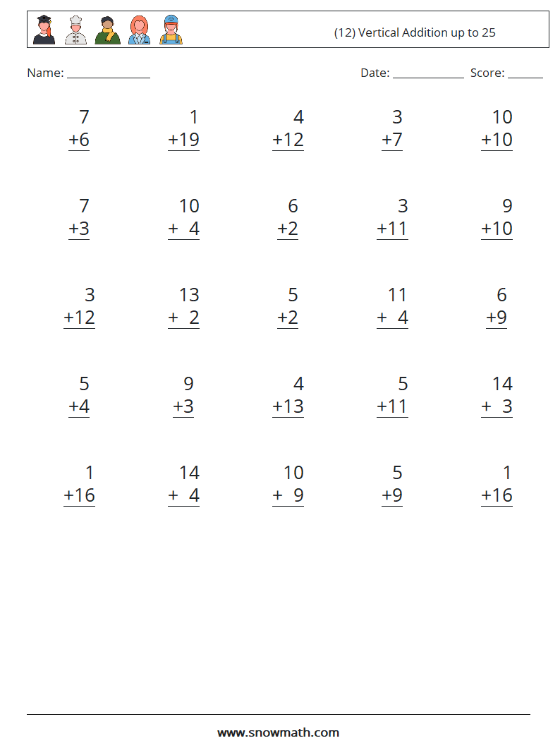 (12) Vertical Addition up to 25 Math Worksheets 16