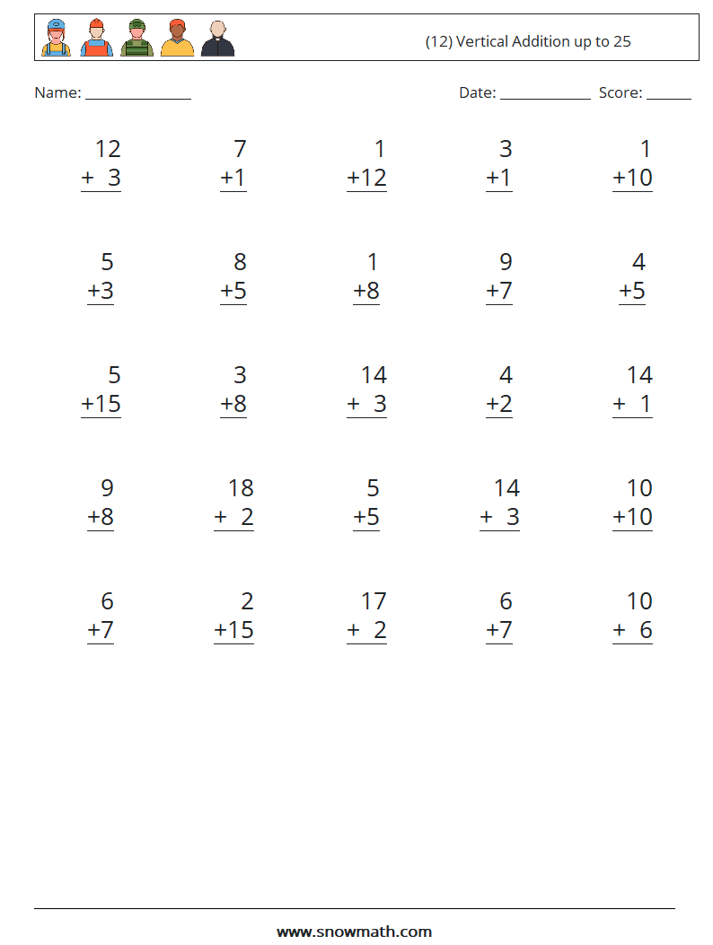 (12) Vertical Addition up to 25 Maths Worksheets 17