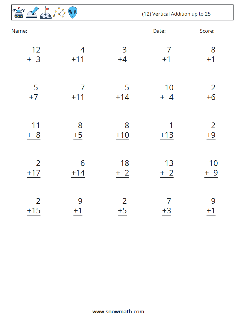 (12) Vertical Addition up to 25 Math Worksheets 2