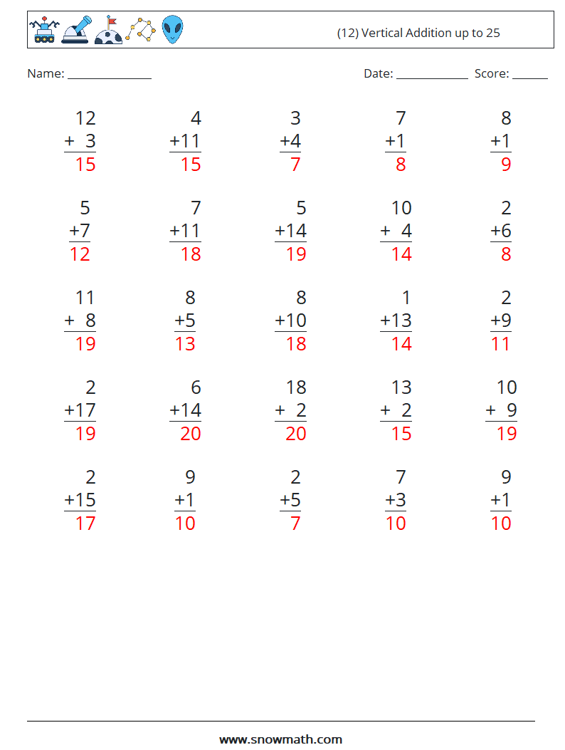 (12) Vertical Addition up to 25 Math Worksheets 2 Question, Answer