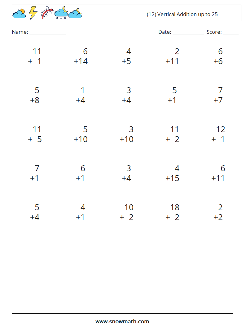 (12) Vertical Addition up to 25 Maths Worksheets 3