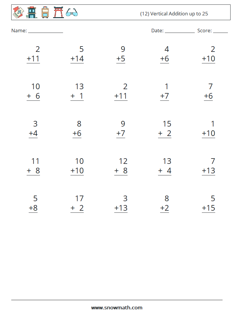 (12) Vertical Addition up to 25 Math Worksheets 5