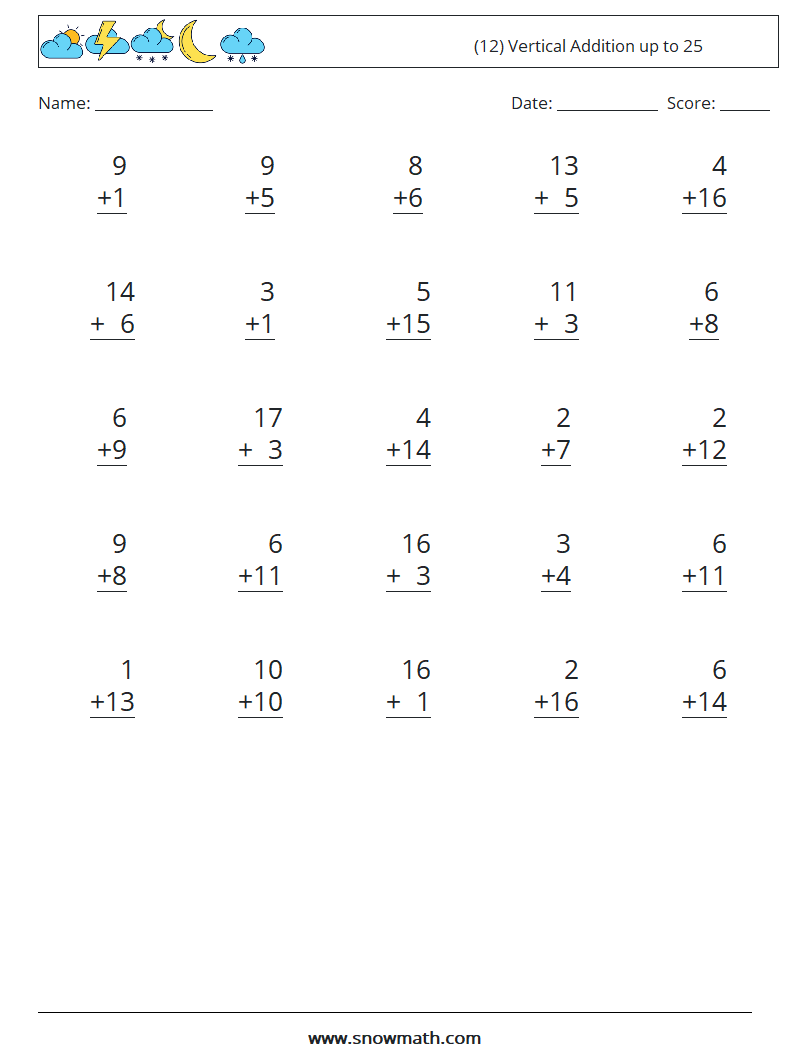 (12) Vertical Addition up to 25 Maths Worksheets 7