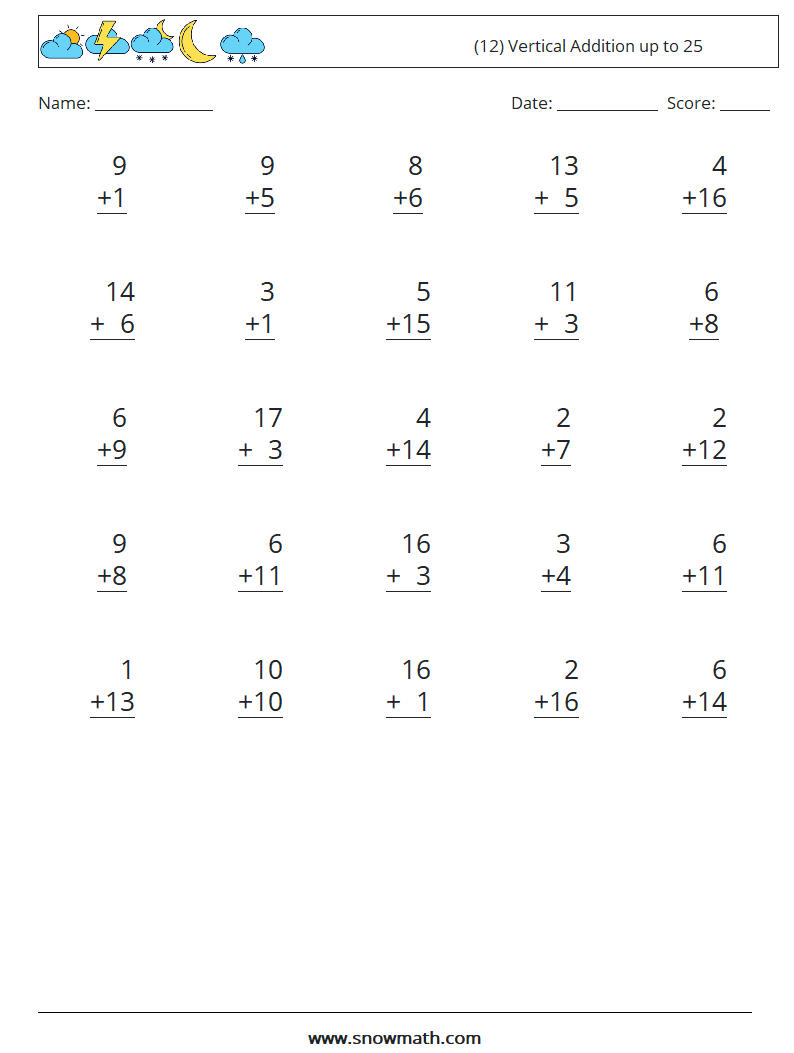 (12) Vertical Addition up to 25 Math Worksheets 7