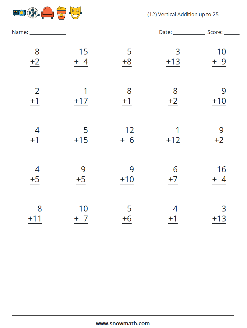 (12) Vertical Addition up to 25 Math Worksheets 8