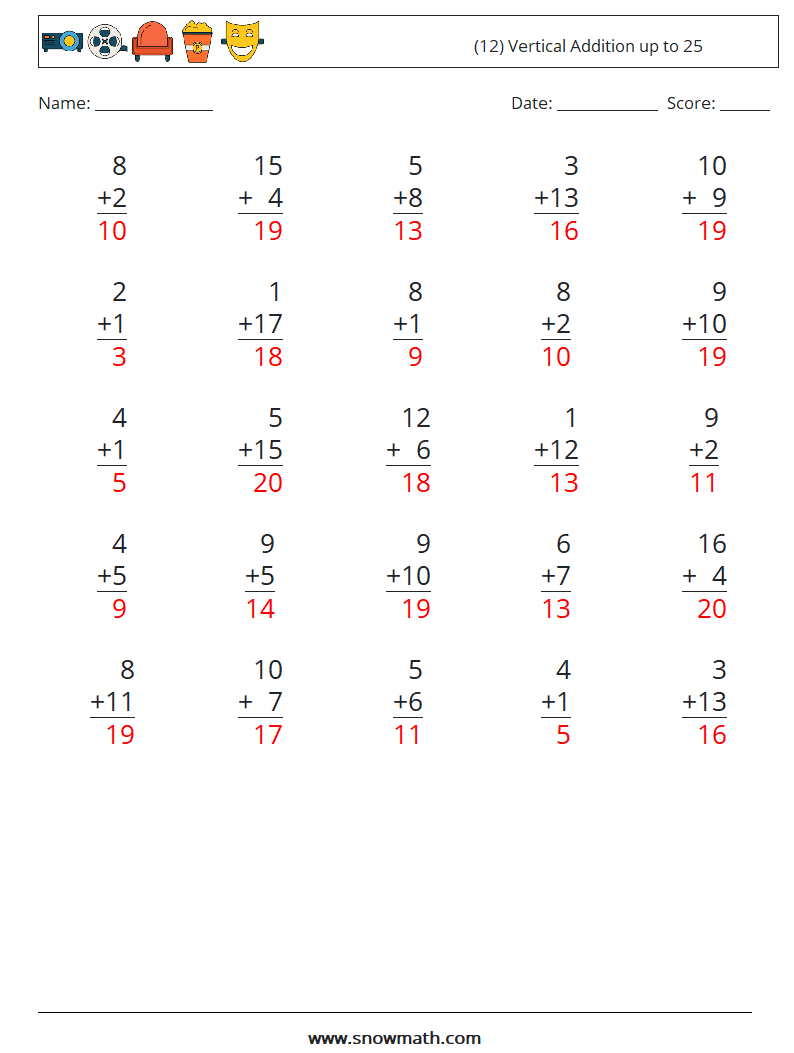 (12) Vertical Addition up to 25 Math Worksheets 8 Question, Answer