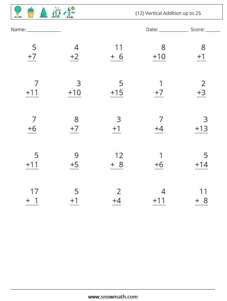 (12) Vertical Addition up to 25 Math Worksheets 9