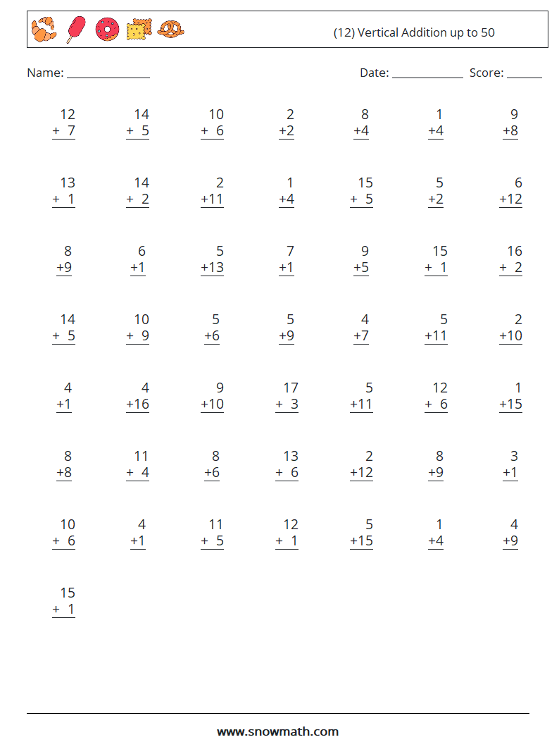 (12) Vertical Addition up to 50 Math Worksheets 1