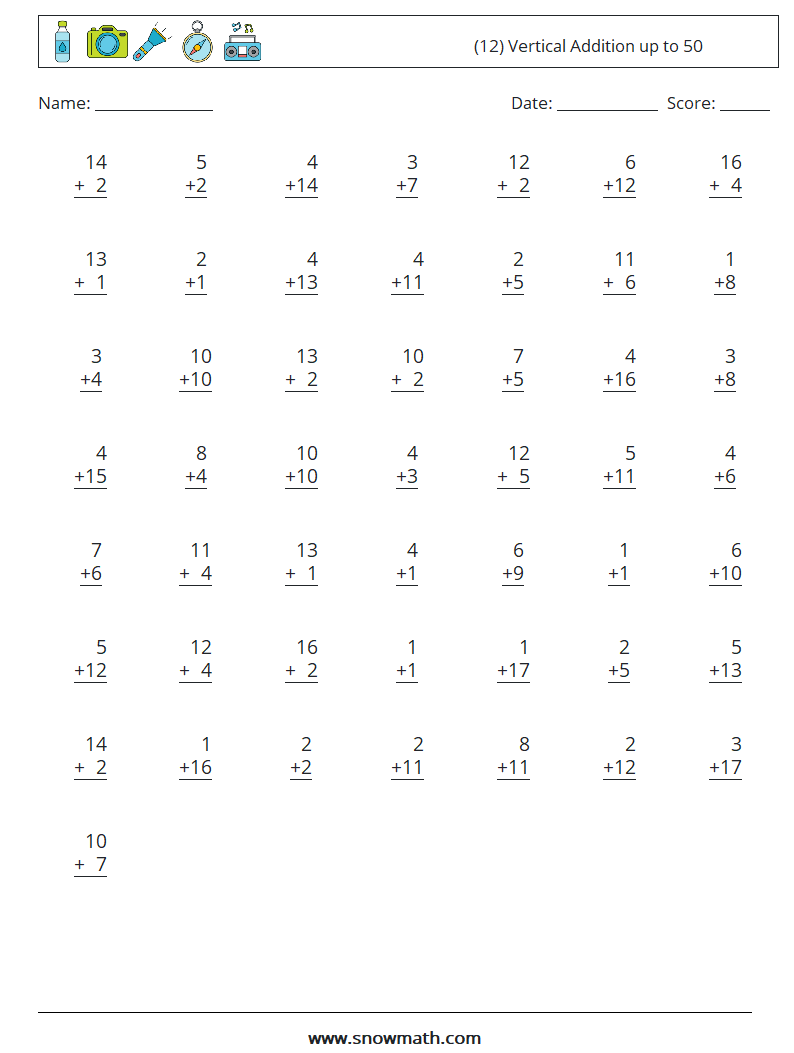 (12) Vertical Addition up to 50 Math Worksheets 11