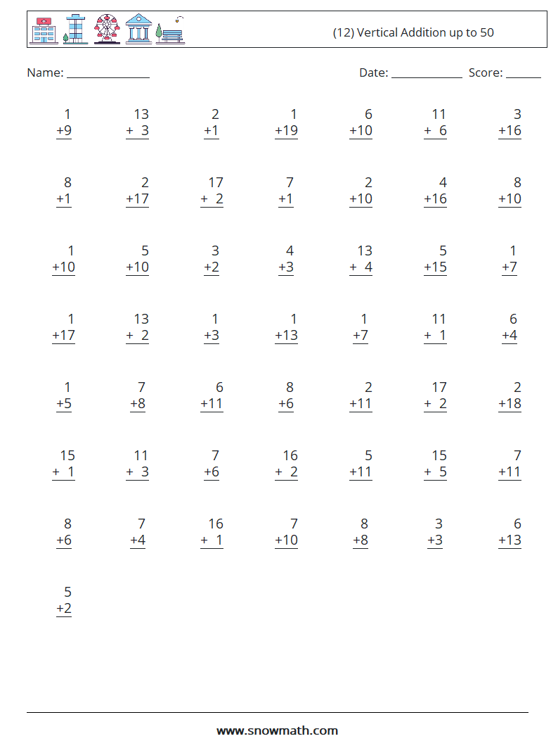 (12) Vertical Addition up to 50 Maths Worksheets 12