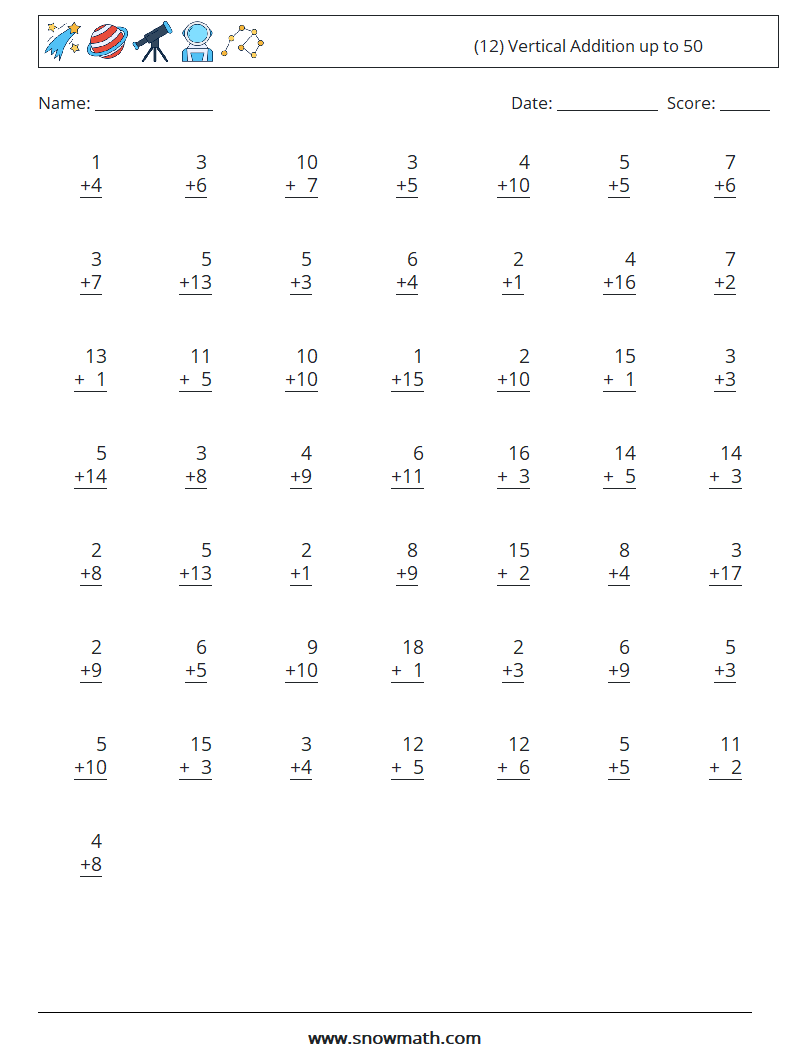 (12) Vertical Addition up to 50 Maths Worksheets 14