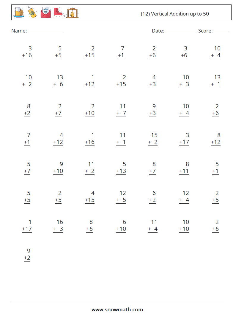 (12) Vertical Addition up to 50 Math Worksheets 15